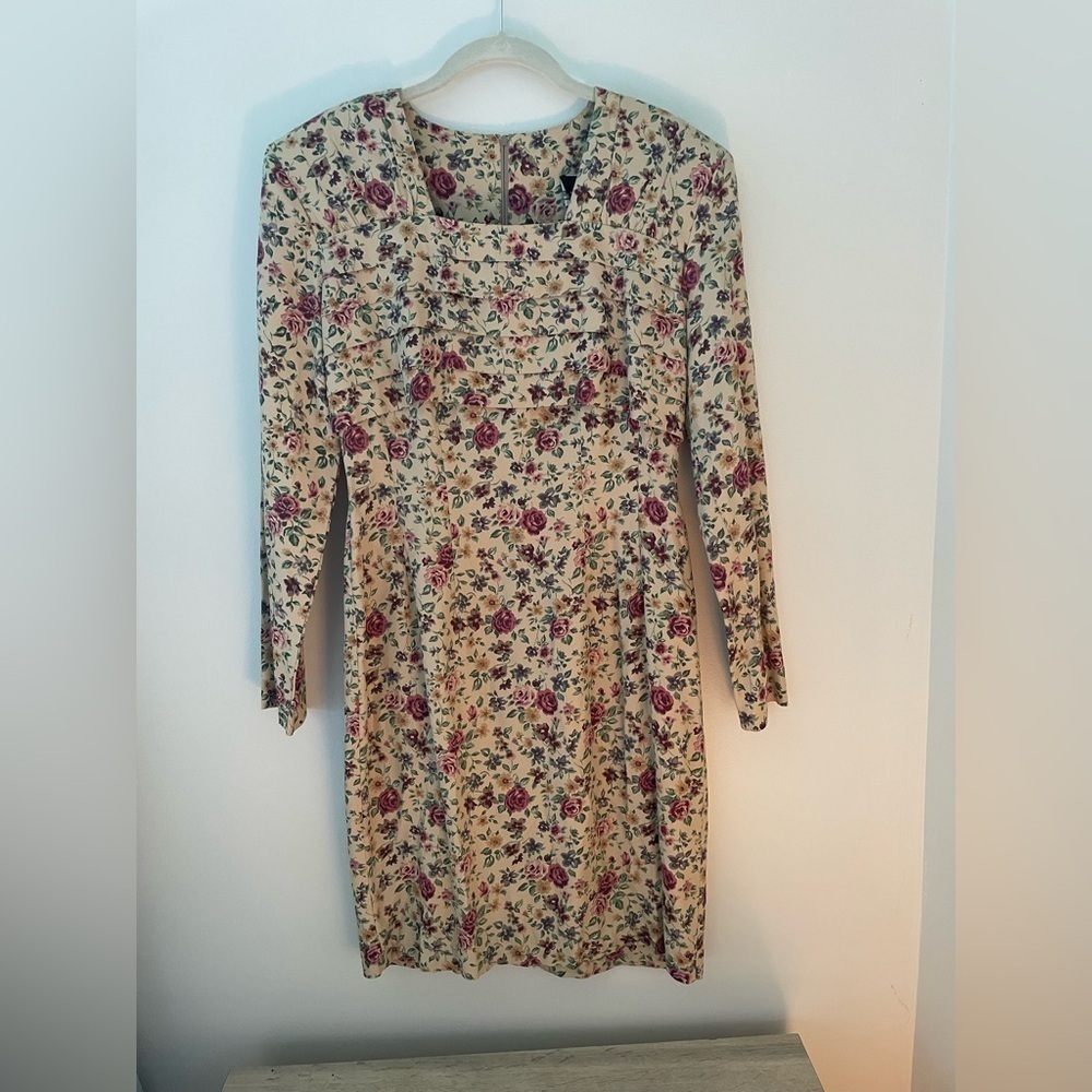 Vintage 80s Pleated Floral Cottagecore Mini Dress Shoulder Pads Long Sleeve